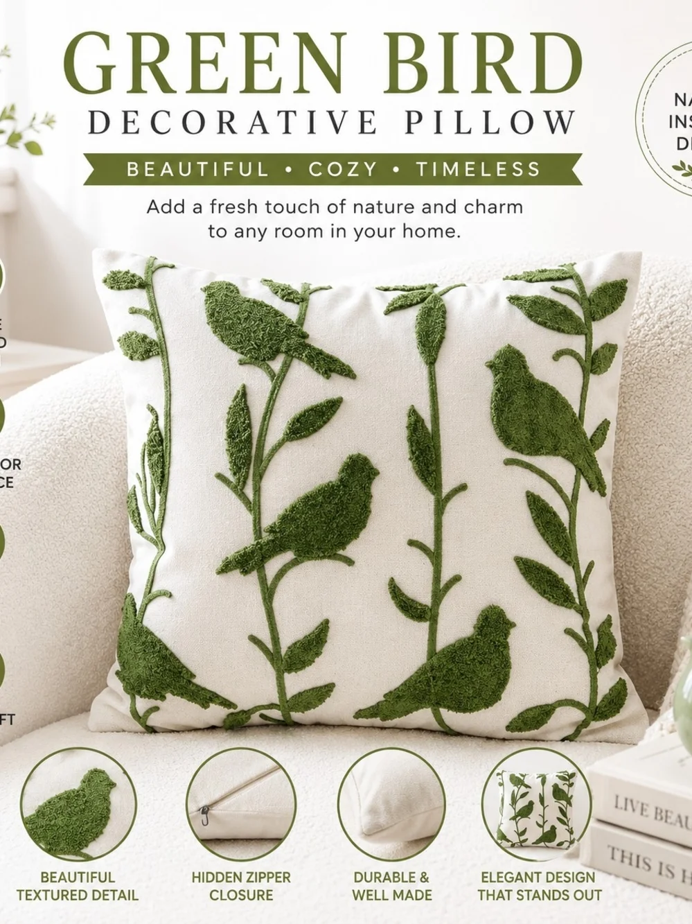 Green Bird Decorative Pillow With Insert